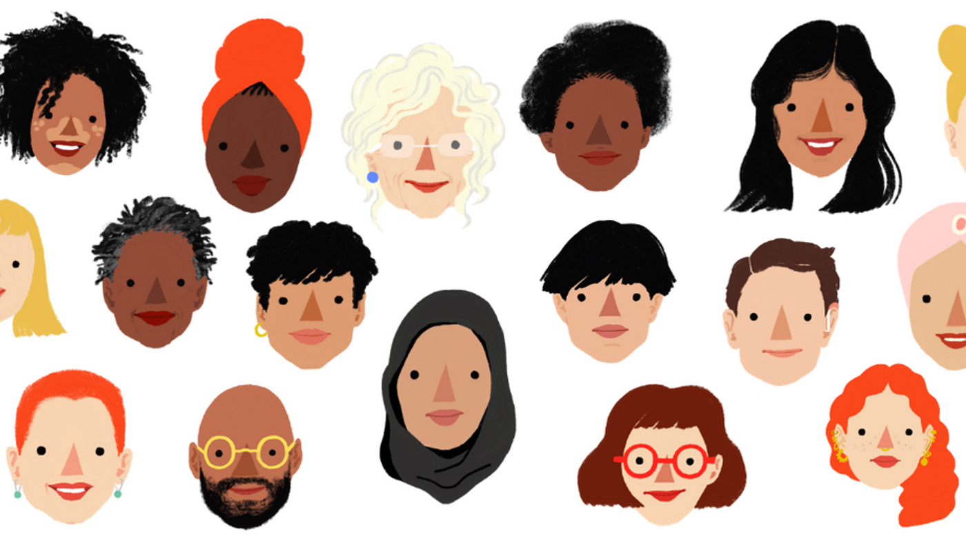 Illustration of 21 diverse faces with varied skin tones, hairstyles, and expressions. Faces are smiling.